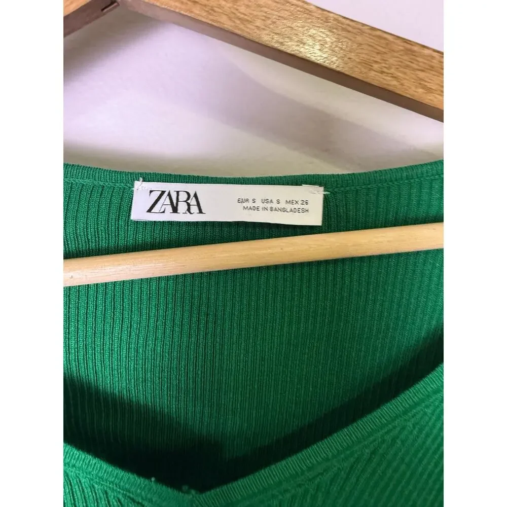 ZARA Green Ribbed Wrap Tie Crop Top Long Sleeve Cutout Small